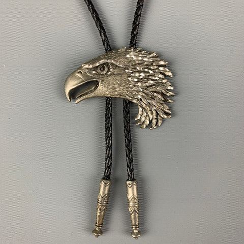 VINTAGE Silver Black Woven Leather Metal Bolo Tie