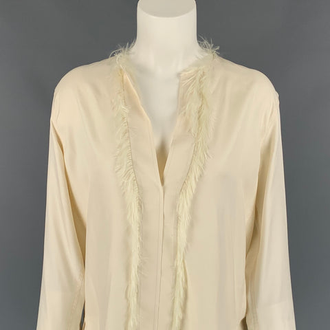 HELMUT LANG Size S Cream Twill Silk Fringe Blouse