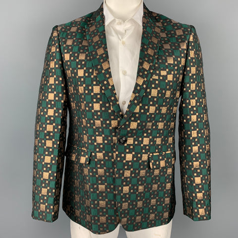 CUSTOM MADE Size 40 Green & Gold Jacquard Notch Lapel Sport Coat