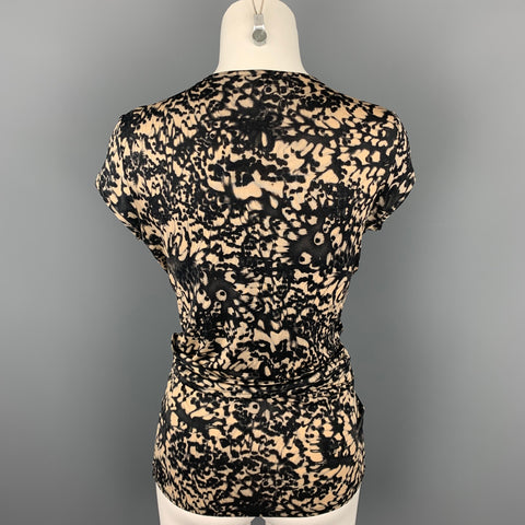 MAX MARA Size S Tan & Black Print V-Neck Blouse