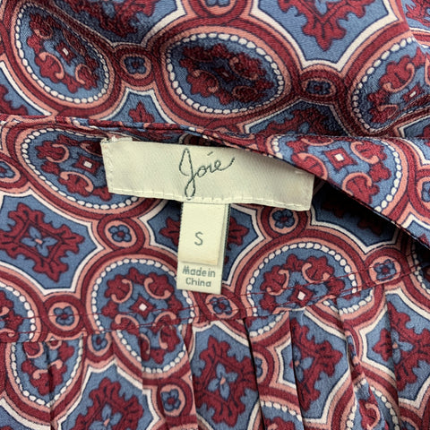 JOIE Minivestido de cintura elástica de seda con estampado burdeos y azul talla S