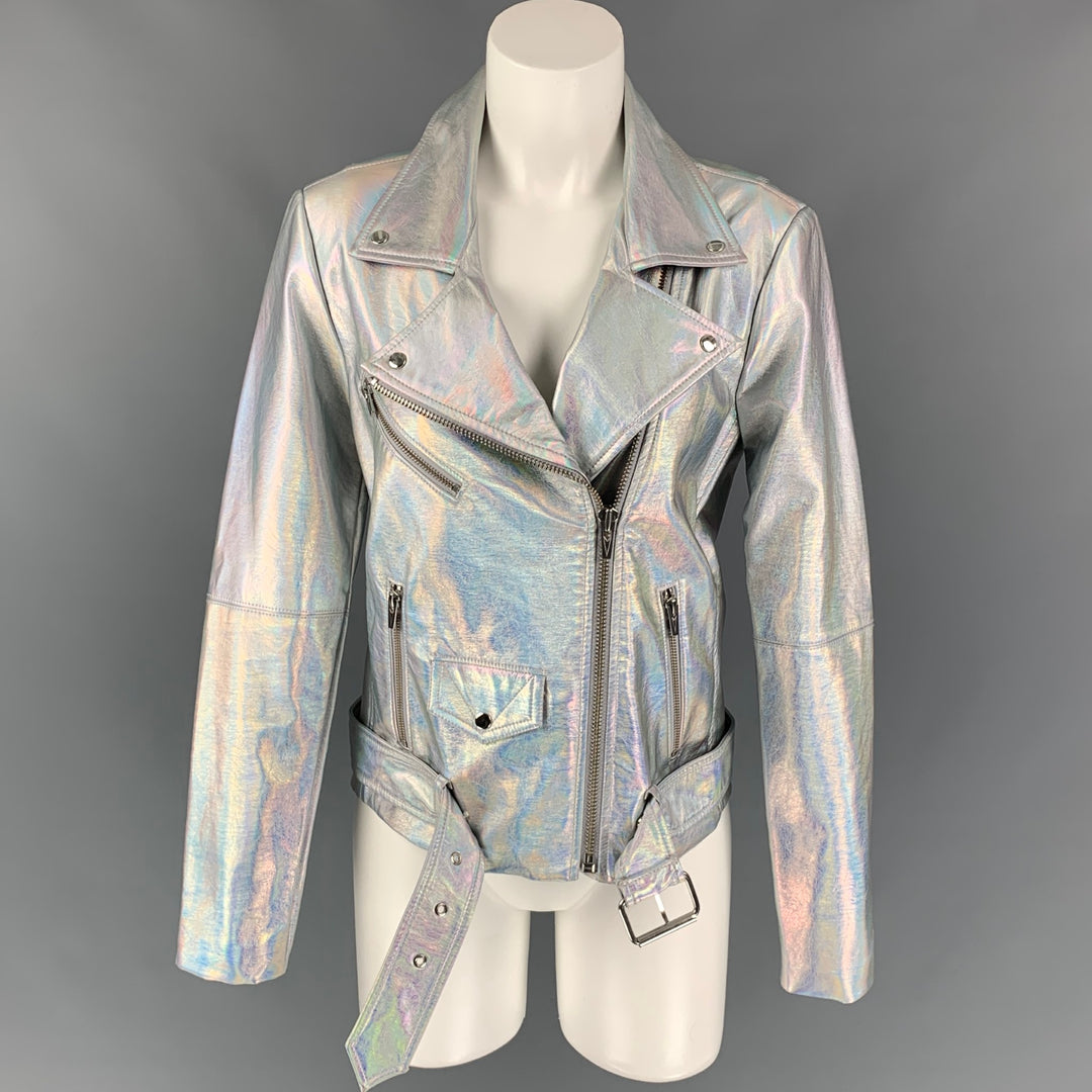 VEDA Size M Silver Iridescent Polyurethane Biker Jacket