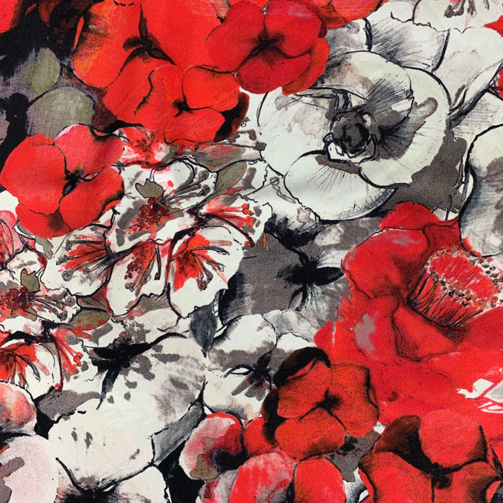 CAROLINA HERRERA Red Black Floral Twill Scarf