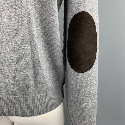 PRADA Taille L Gris Laine Col V Beige Garniture Coude Patch Pull Pull
