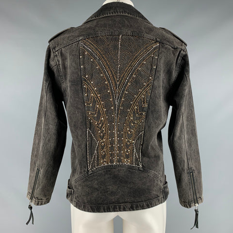 THE KOOPLES Size S Black Beaded Denim Biker Jacket