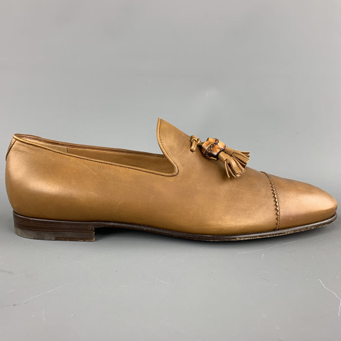 GUCCI Size 11 Tan Solid Leather Tassel Slip On Loafers