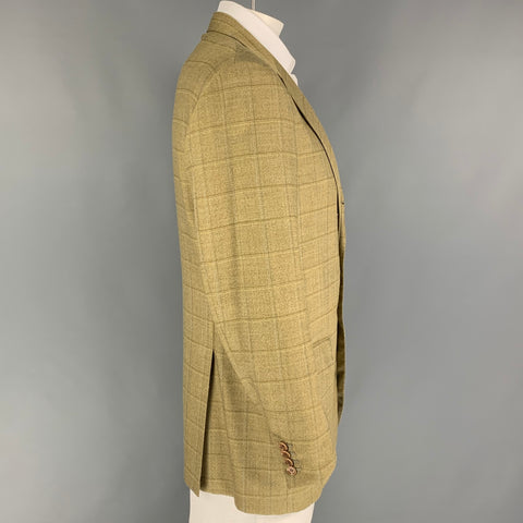 LUCIANO BARBERA Size 44 Yellow Olive Window Pane Wool Sport Coat