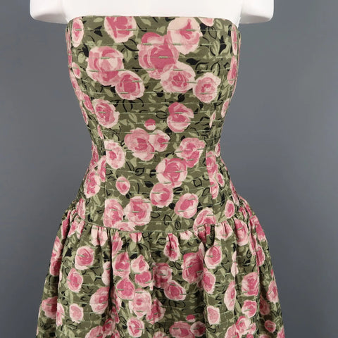 BILL BLASS Size 8 Pink & Green Rose Print Cocktail Dress & Mink Jacket Set BILL BLASS