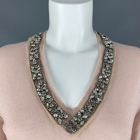 ROBERTO CAVALLI Size M Pink Cashmere Silk Rhinestones V-Neck Pullover