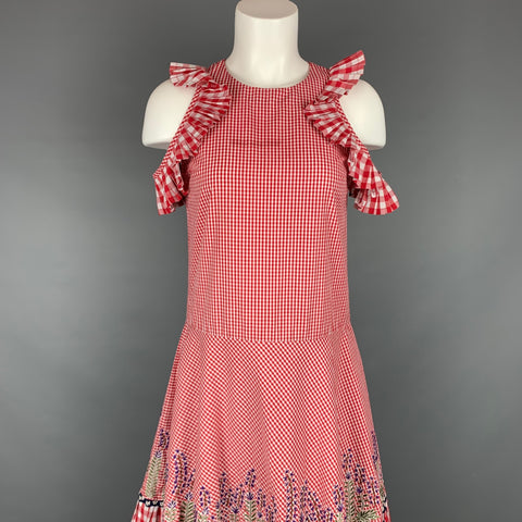 RAHUL MISHRA 2017 Size XS Red & White Gingham Embroidered Pleated Ruffle Dress