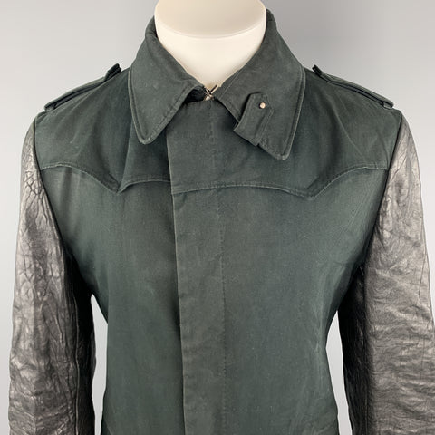 CoSTUME NATIONAL Size M Black Cotton Zip & Buttons Leather Sleeves Long Coat