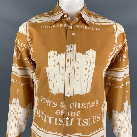 BURBERRY PRORSUM Spring 2015 Size L Mustard & White Print Cotton Silk Long Sleeve Shirt