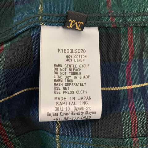 KAPITAL Size M Green Navy Plaid Cotton Linen V-Neck Jacket