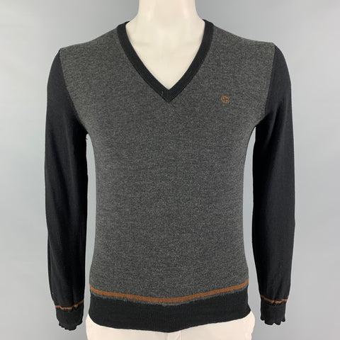GUCCI Size L Gray Black Color Block Wool Silk V-Neck Pullover
