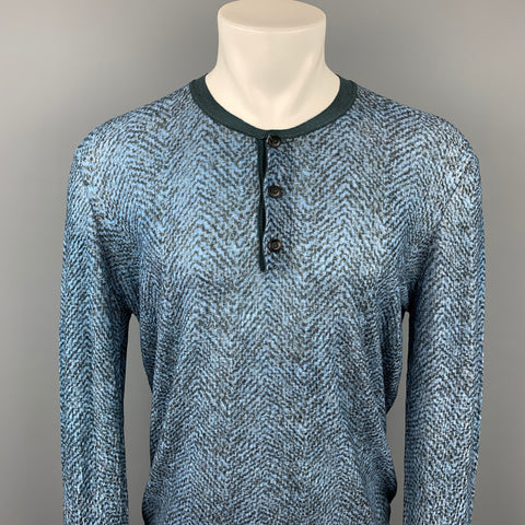 GIORGIO ARMANI Size XXL Blue & Charcoal Print Polyamide Henley Pullover