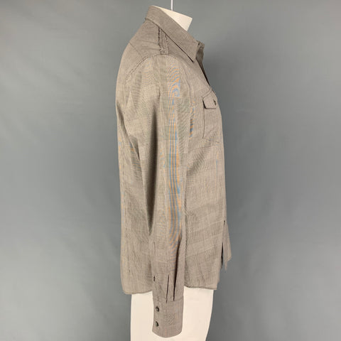 JOHN VARVATOS Camisa de manga larga con bolsillo de parche de algodón Glenplaid gris Talla L
