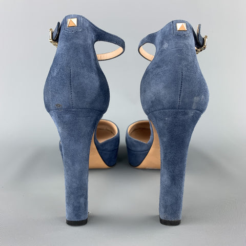 VALENTINO Size 8 Blue Suede PLatform Rockstud Anbkle Strap Pumps