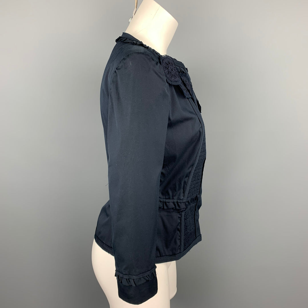 PRADA Size 8 Navy Eyelet Cotton Collarless Jacket