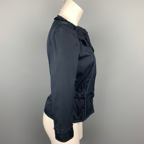 PRADA Talla 8 Chaqueta sin cuello de algodón con ojales azul marino