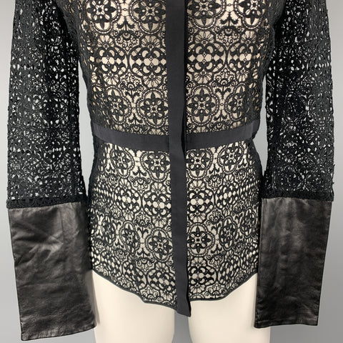 HONOR Talla 2 Blusa con puños de cuero y encaje de algodón negro