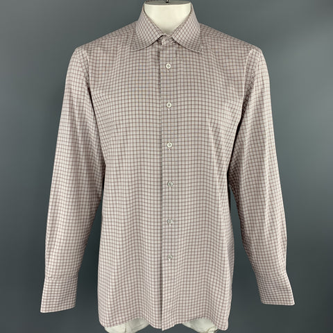 TOM FORD Taille XL Marron &amp; Blanc Micro Plaid Coton Bouton Up Chemise à manches longues