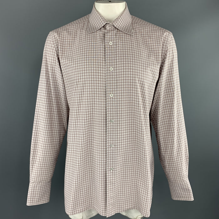 TOM FORD Size XL Brown & White Micro Plaid Cotton Button Up Long Sleeve Shirt