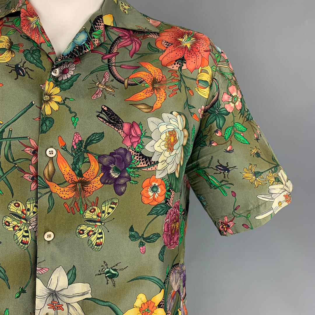 GUCCI Size L Multi-Color Print Silk Camp Short Sleeve Shirt