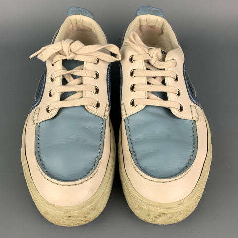 GUCCI Size 8.5 Blue & Beige Color Block Leather Boat Shoe Sneakers
