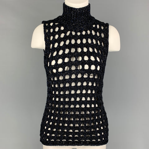IRO Size S Black Blue Knitted Cotton Blend Turtle Neck Vest