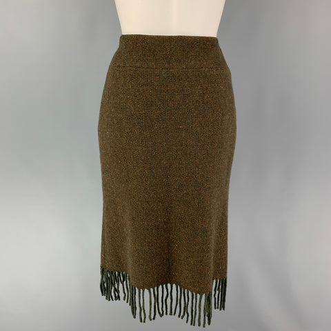 RALPH LAUREN Size 6 Olive Merino Wool Cashmere Heather Fringed Skirt