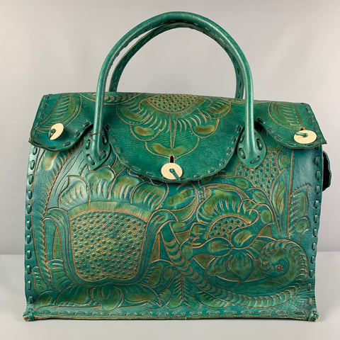 VINTAGE Sac à main en cuir antique floral cobalt