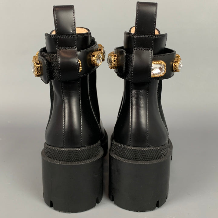 GUCCI Size 5 Black Leather Trip Embellished Ankle Boots