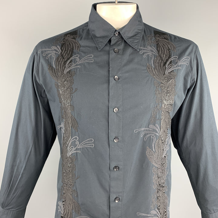 ROBERTO CAVALLI Size L Black Embroidery Cotton Button Up Long Sleeve Shirt