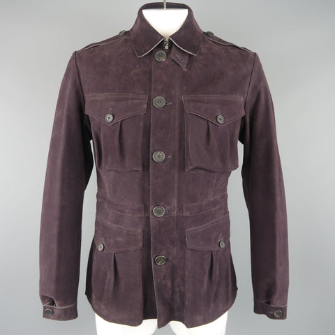 BURBERRY PRORSUM Spring 2015 42 Eggplant Purple Suede Patch Pockets Belted Jacket