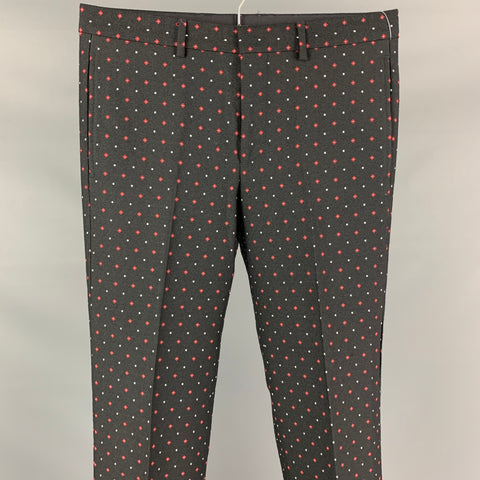GIVENCHY Talla 32 Pantalón de vestir con bragueta con cremallera de lana / poliéster con estampado de rombos en negro y rojo