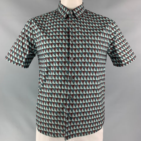PRADA Size L Green &  Brown Geometric  Button Down Short Sleeve Shirt
