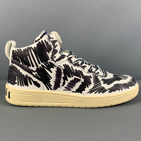MARNI x VEJA Size 10.5 White Black Scribble Leather High Top Sneakers