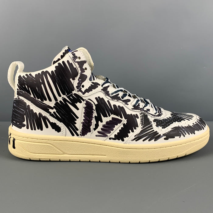 MARNI x VEJA Size 10.5 White Black Scribble Leather High Top Sneakers