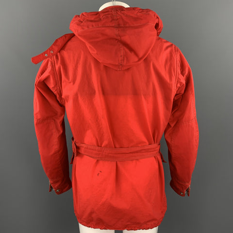 NIGEL CABOURN Size 42 Red Waxed Cotton Zip & Snaps Belted Hooded Jacket
