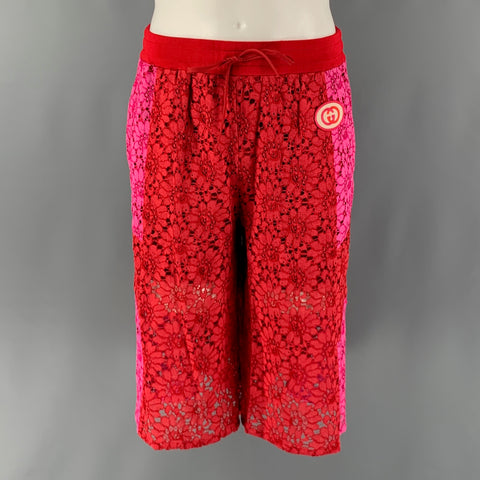 GUCCI Size M Red Pink Lace Intarsia Viscose Lace Drawstring Shorts