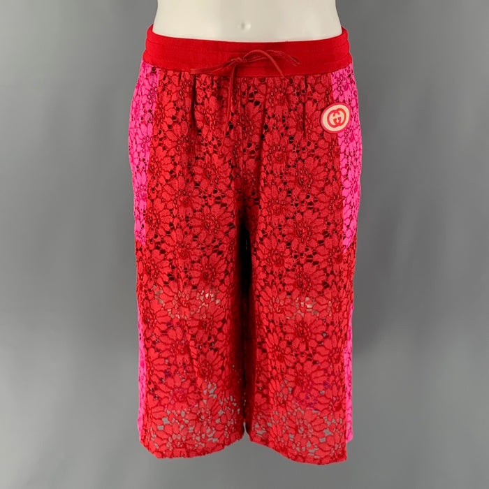 GUCCI Size M Red Pink Lace Intarsia Viscose Lace Drawstring Shorts