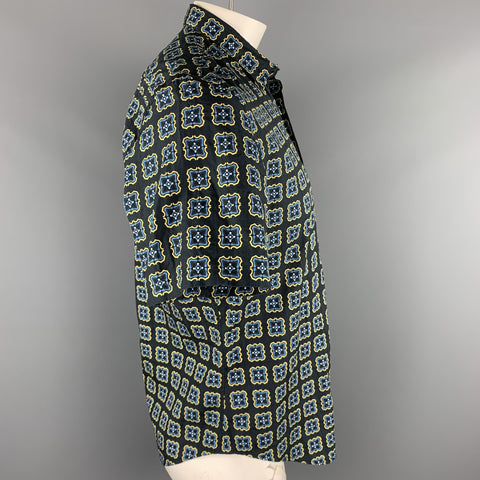 PRADA Size L Black Print Cotton Button Up Short Sleeve Shirt