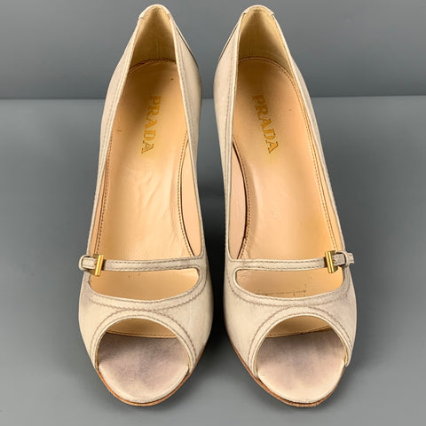 Zapatos de tacón peep toe jaspeados de cuero beige talla 7 de PRADA
