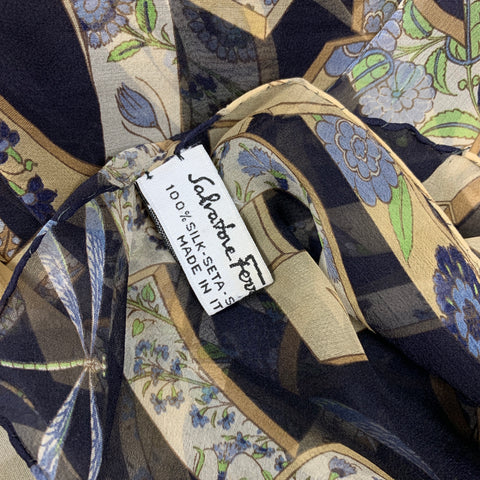 SALVATORE FERRAGAMO 70" Navy & Beige Floral Chiffon Silk Scarf