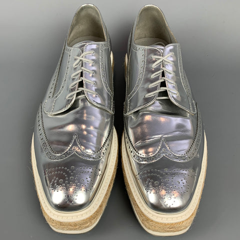 PRADA Size 12 Silver Metallic Leather Platform Lace Up Shoes