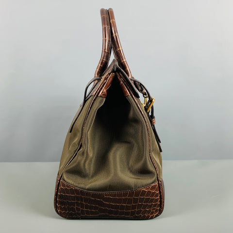 RALPH LAUREN Brown Olive Mixed Materials Alligator Nylon Handbag