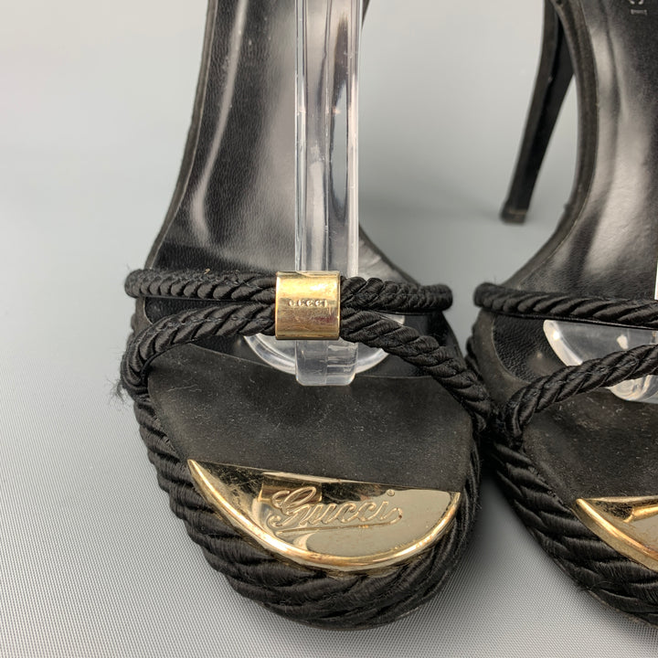 GUCCI Size 5.5 Black & Gold Suede Silk Cord Platfrom Sandals
