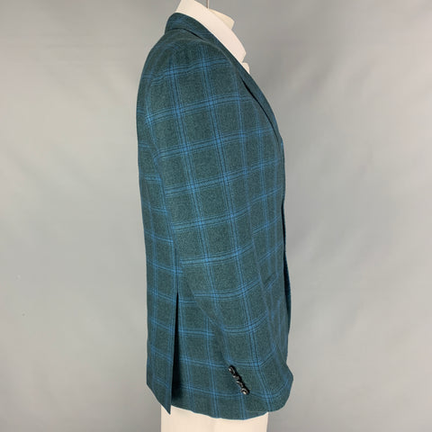 KITON Size 44 Dark Green Blue Plaid Cashmere Notch Lapel Sport Coat