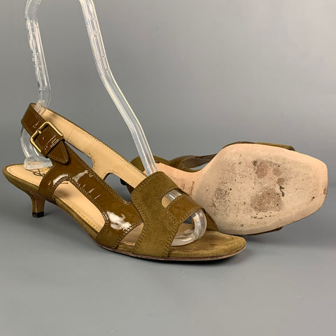 YVES SAINT LAURENT Size 9 Brown Suede Patent Leather Kitten Heel Sandals
