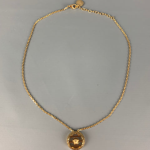 VERSACE Gold Tone Link Metal Round Cage Medusa Head Necklace
